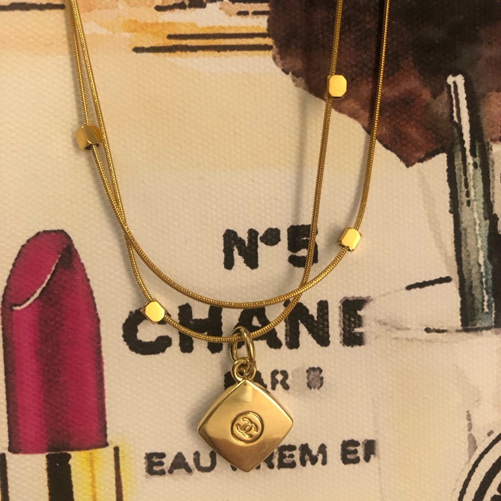 CHANEL Pendant/Charm on 18K Gold Double SS Geometric Style Necklace (New!)